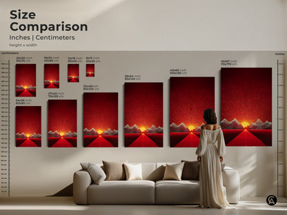 Size Comparison of Abstract Landscape Art Print. Various sizes are displayed in inches and centimeters. The artwork features a retro futurism road sunset canvas creating an eclectic wall decor.