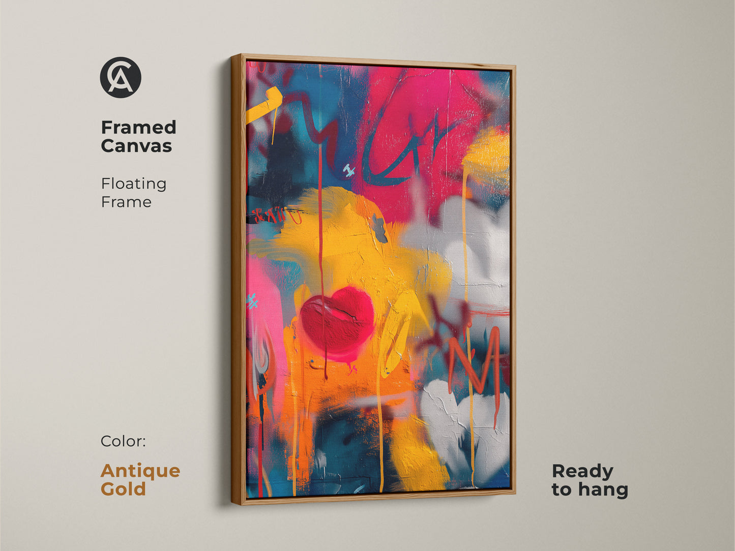 Framed Canvas with an antique gold floating frame showcasing graffiti heart artwork. This contemporary piece is ready to hang. The art brings a touch of urban style to your space. The gold frame enhances the colorful graffiti art.