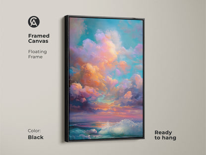 Framed canvas featuring impressionistic seascape wall art. The black floating frame adds elegance. The teal orange and purple sky artwork is ready to hang. Ideal for coastal living room art.