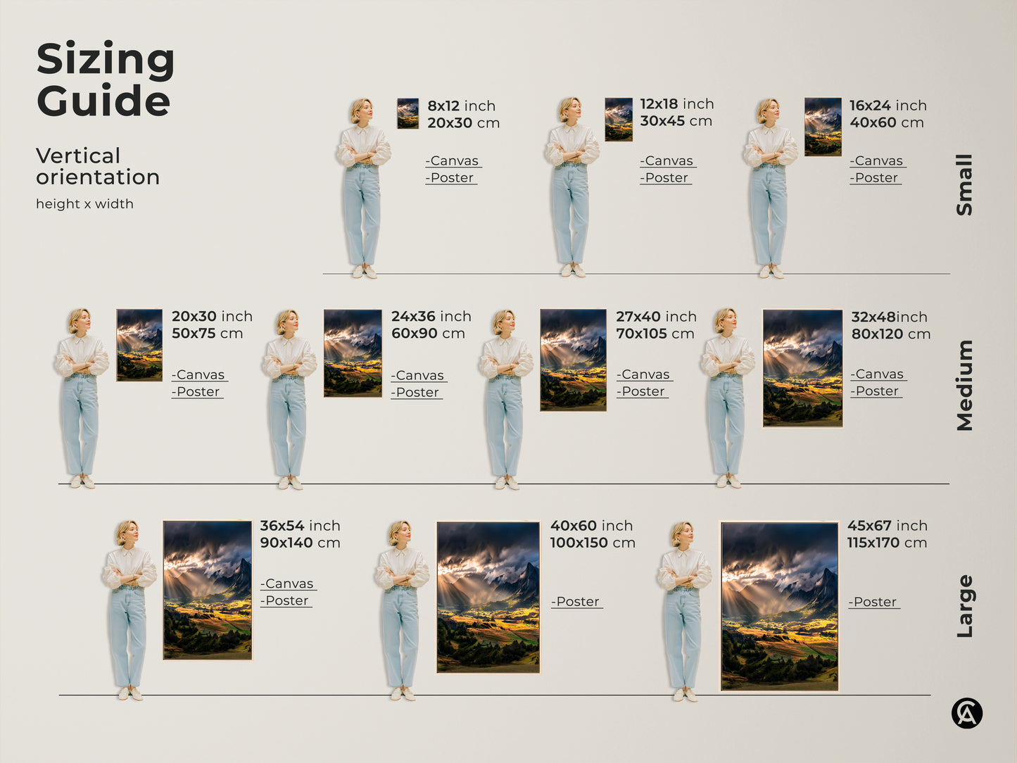 Sizing guide for vertical sunbeam mountain landscape art. Available as canvas or poster in sizes from 8x12 to 45x67 inches. Find the perfect fit for your bedroom or living room. Nature-inspired home decor for any space. Perfect art for mountain lovers.
