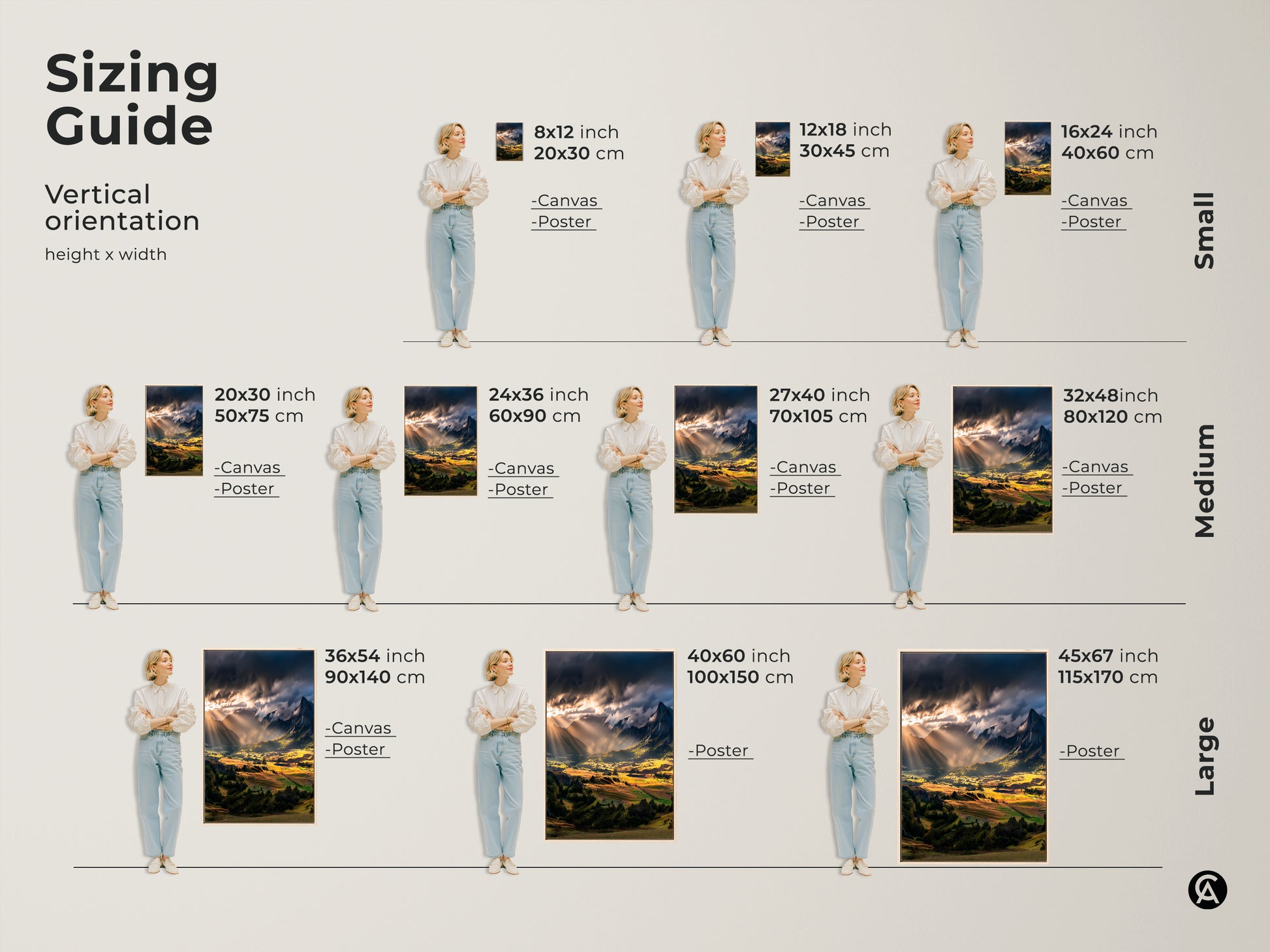 Sizing guide for vertical sunbeam mountain landscape art. Available as canvas or poster in sizes from 8x12 to 45x67 inches. Find the perfect fit for your bedroom or living room. Nature-inspired home decor for any space. Perfect art for mountain lovers.