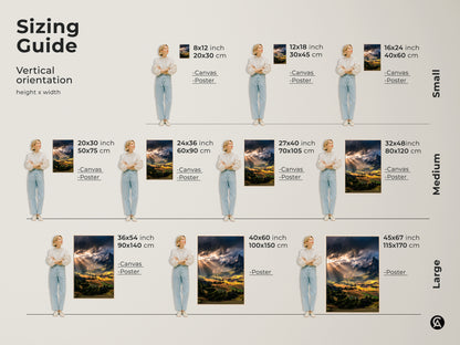 Sizing guide for vertical sunbeam mountain landscape art. Available as canvas or poster in sizes from 8x12 to 45x67 inches. Find the perfect fit for your bedroom or living room. Nature-inspired home decor for any space. Perfect art for mountain lovers.