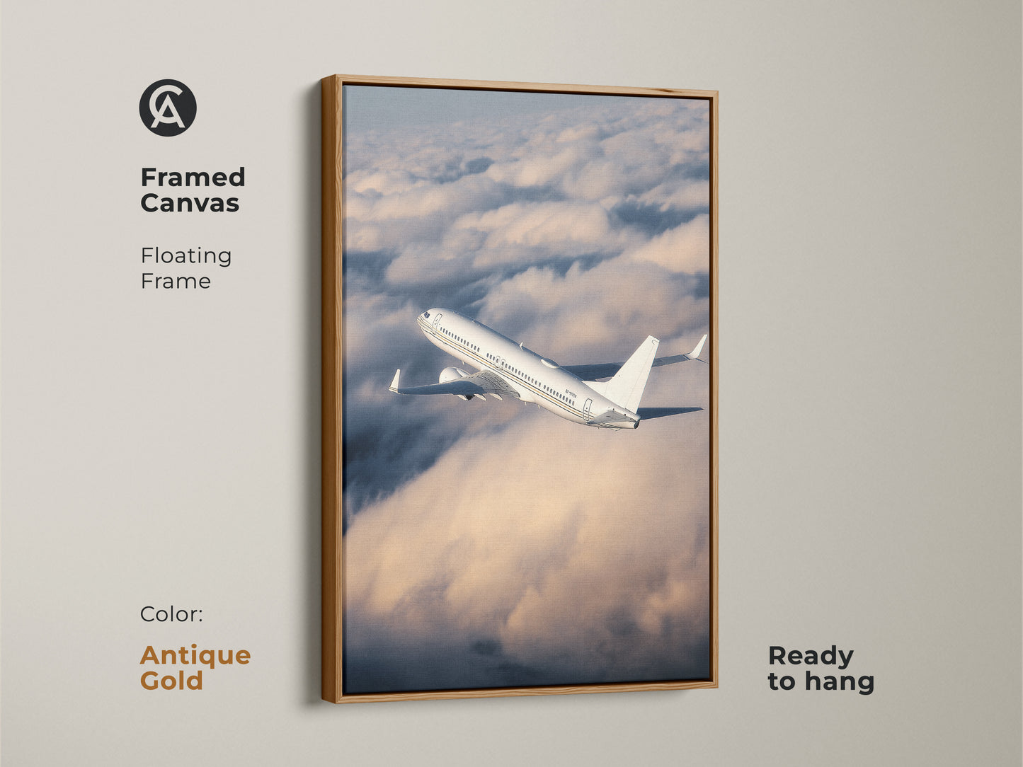 Framed aviation photography on canvas features a floating antique gold frame. This modern airplane artwork captures a plane in the clouds. Ready to hang it elevates any office. It's a unique travel enthusiast gift. The white plane canvas art brings modern flair.