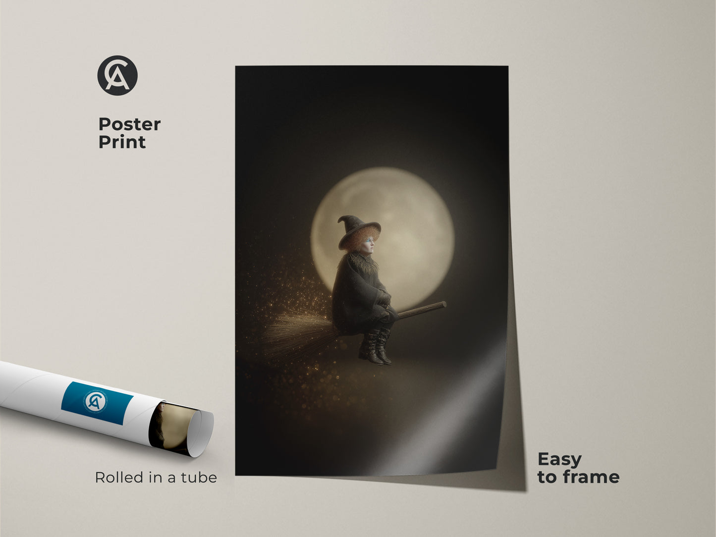 Poster print of a witch on a broomstick with a moonlit sky. This Halloween moon canvas print is easy to frame. The black and gold art brings a dark academia vibe to your space. Rolled in a tube for safe delivery. A mystical and spooky season art piece.