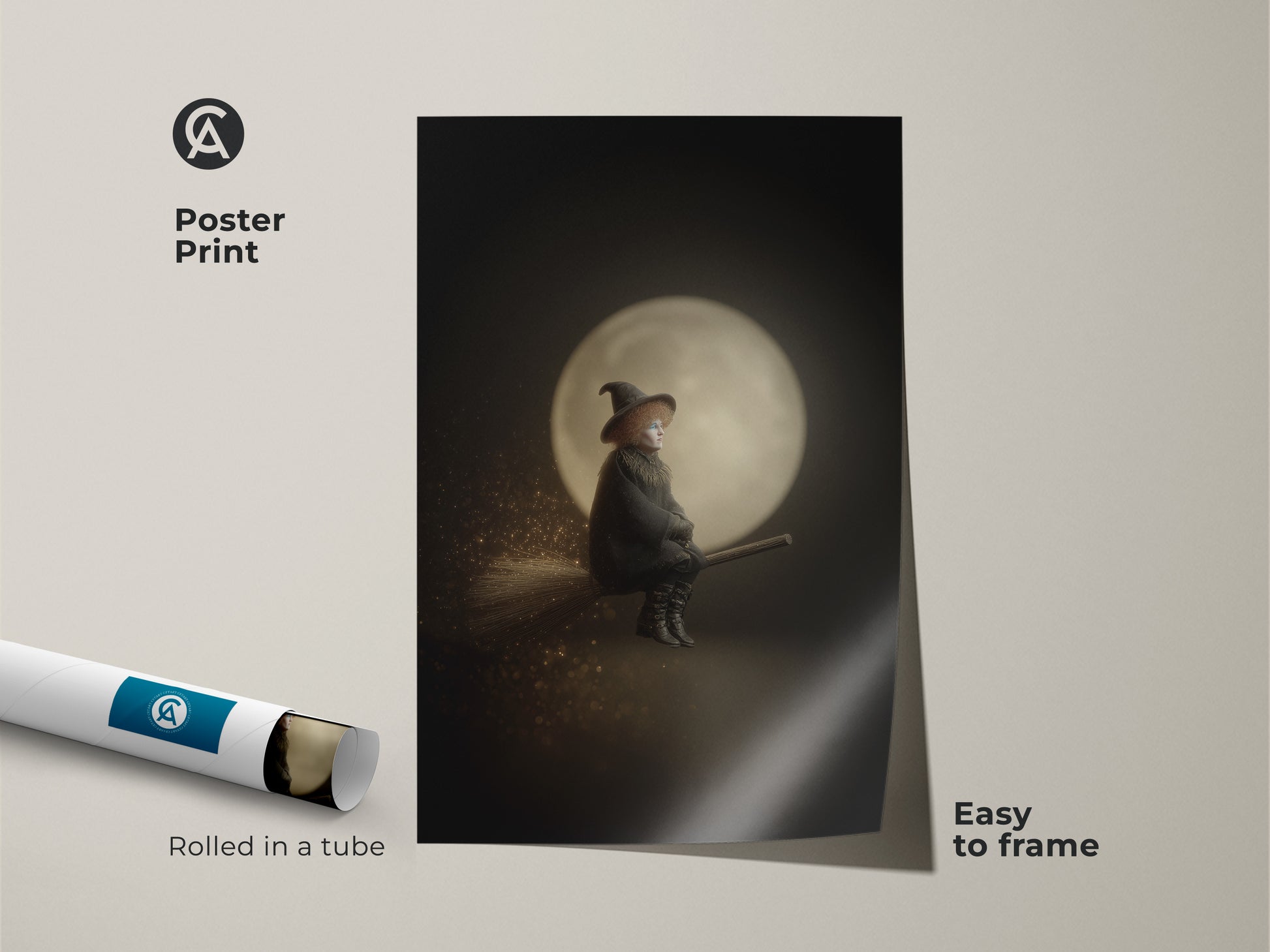 Poster print of a witch on a broomstick with a moonlit sky. This Halloween moon canvas print is easy to frame. The black and gold art brings a dark academia vibe to your space. Rolled in a tube for safe delivery. A mystical and spooky season art piece.