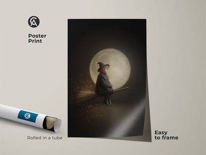 Poster print of a witch on a broomstick with a moonlit sky. This Halloween moon canvas print is easy to frame. The black and gold art brings a dark academia vibe to your space. Rolled in a tube for safe delivery. A mystical and spooky season art piece.