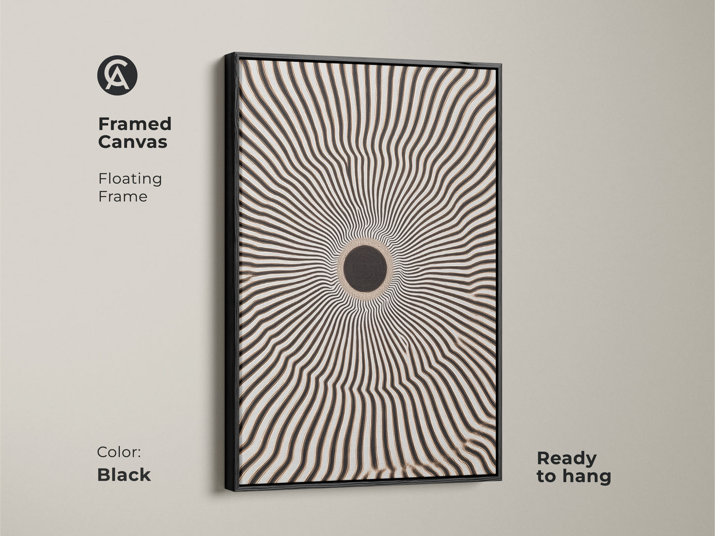 Framed canvas featuring striking black geometric artwork. The floating frame enhances the black and white radial burst. It is ready to hang. Perfect for minimalist home decor and adds a modern touch to any room.