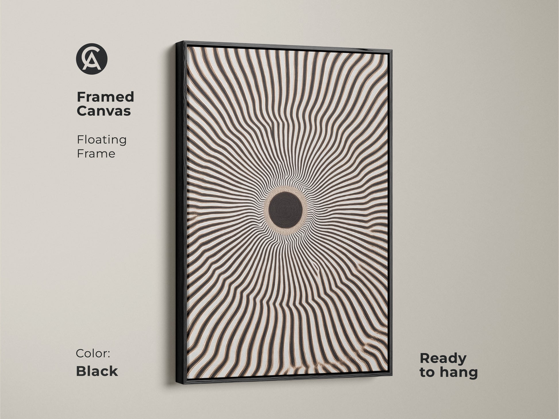 Framed canvas featuring striking black geometric artwork. The floating frame enhances the black and white radial burst. It is ready to hang. Perfect for minimalist home decor and adds a modern touch to any room.