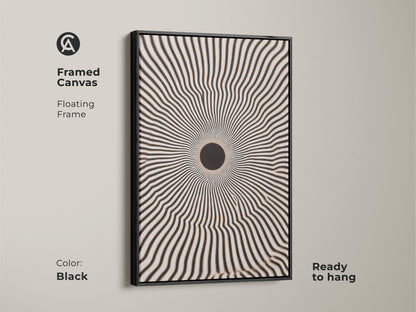 Framed canvas featuring striking black geometric artwork. The floating frame enhances the black and white radial burst. It is ready to hang. Perfect for minimalist home decor and adds a modern touch to any room.