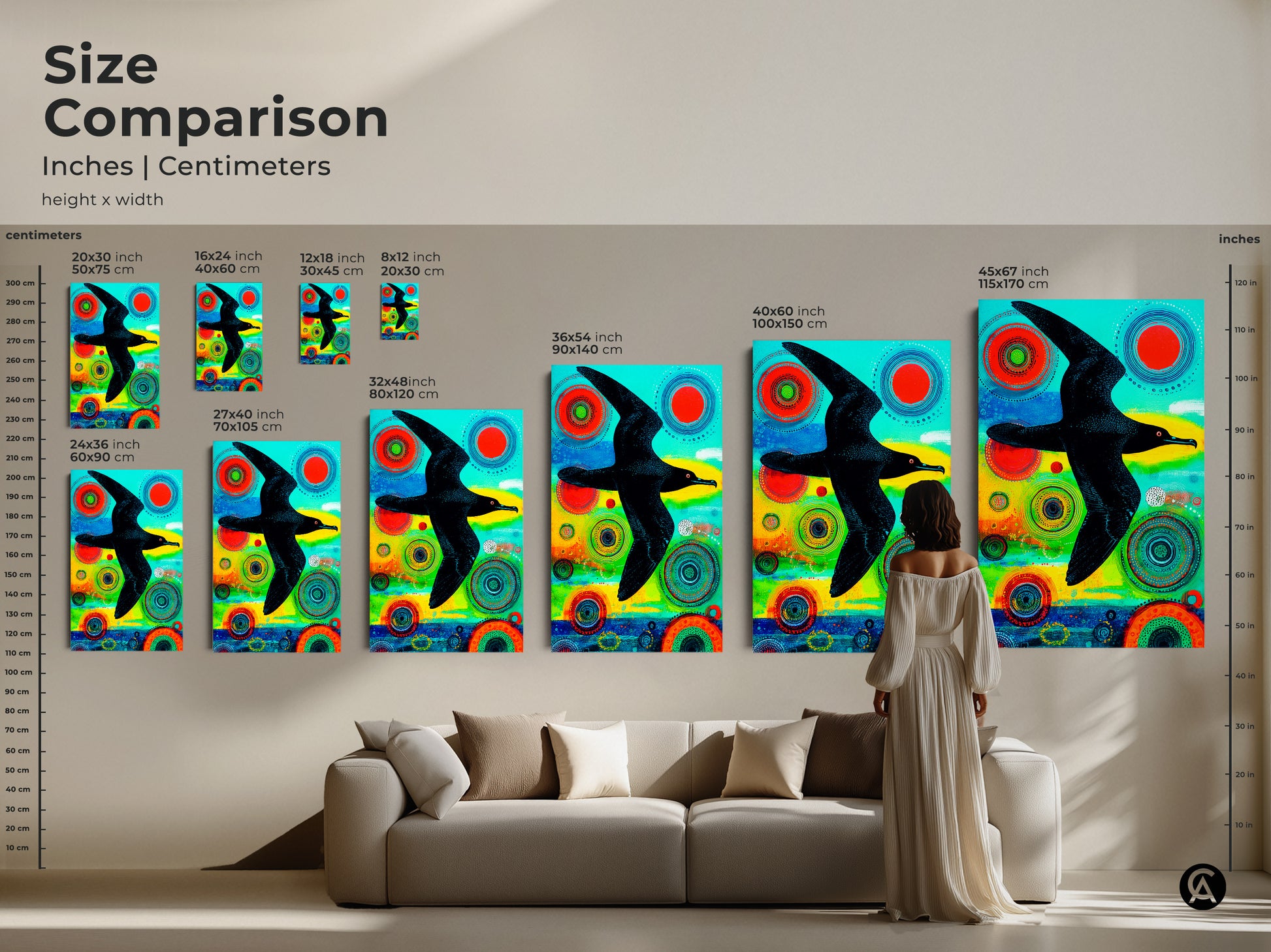 A person admires the abstract albatross in flight on a wall in the living room. The modern folk art canvas print features vibrant geometric patterns in teal red and green. It makes a stunning focal point in the boho eclectic wall decor. This artwork adds a touch of nature abstract expressionism to any home.