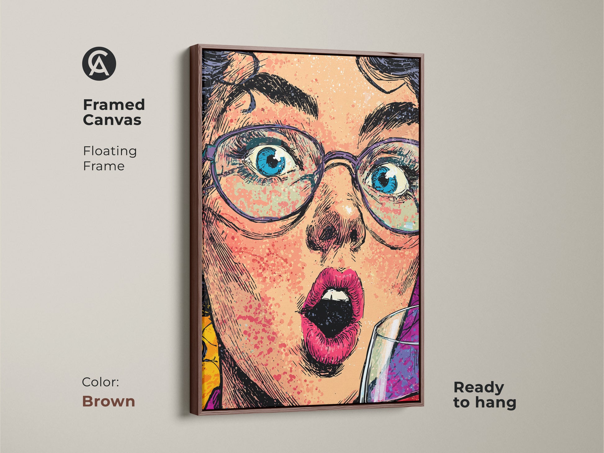 A framed canvas of a pop artwork woman with a floating brown frame. The art piece is ready to hang. It adds a modern touch to any room decor. The artwork features a wine glass. It's a unique and expressive portrait canvas for office or home.