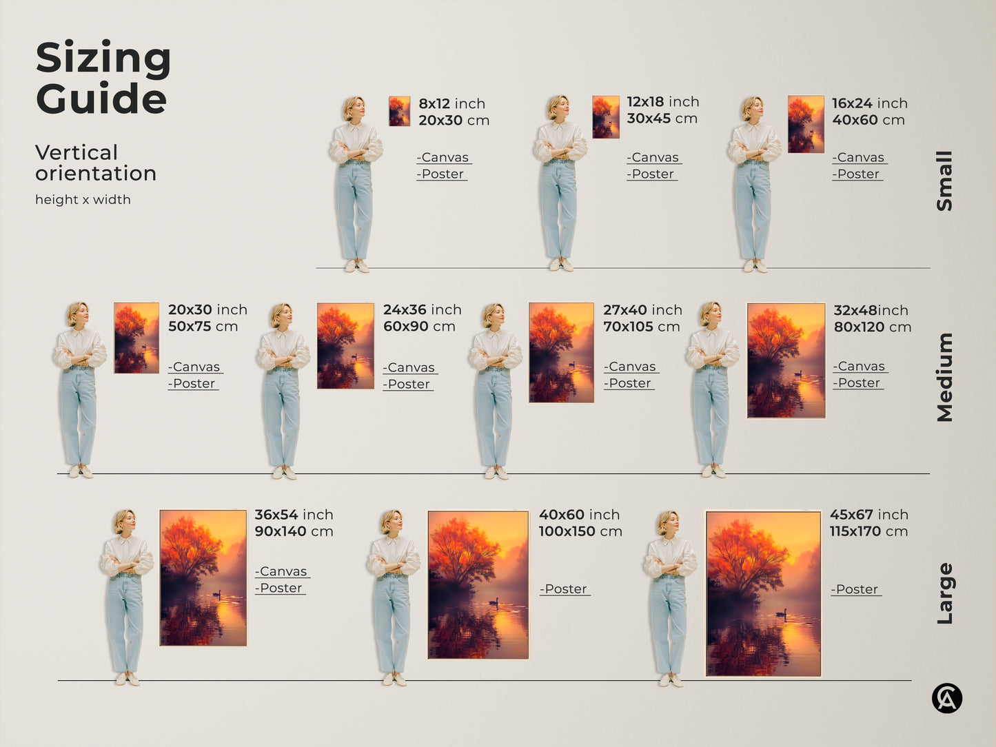 Find the perfect size with our vertical orientation sizing guide. Artwork is available in canvas and poster options. Sizes range from small to large. Each features a tranquil lake scene. It has a swan at sunset and an orange tree. Transform your space with our beautiful art.
