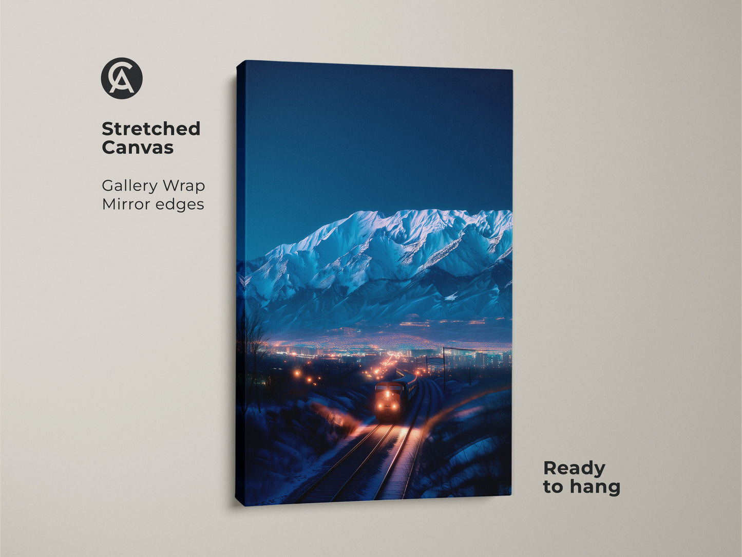 Stretched canvas print. Gallery wrapped with mirror edges. It features an indigo mountain scene. A train travels to the cityscape. This ready to hang canvas enhances modern room decor. A great train enthusiast gift.