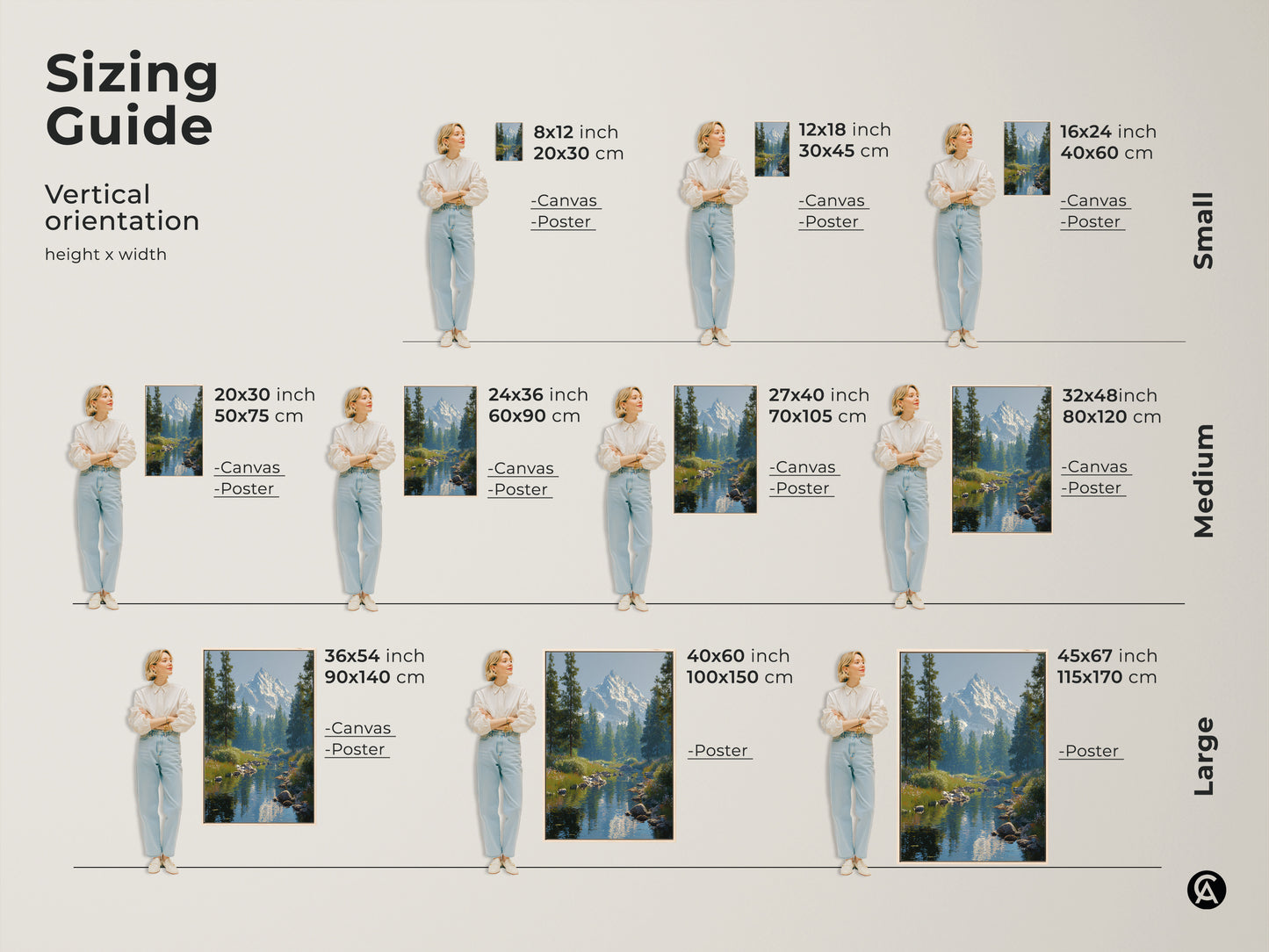 Sizing guide for vertical landscape art featuring mountain river scene. Available in small medium and large sizes on canvas or poster. Visualize the perfect fit for your space. From 8x12 to 45x67 inches there's a size for every room. Enhance your home with this beautiful nature print.