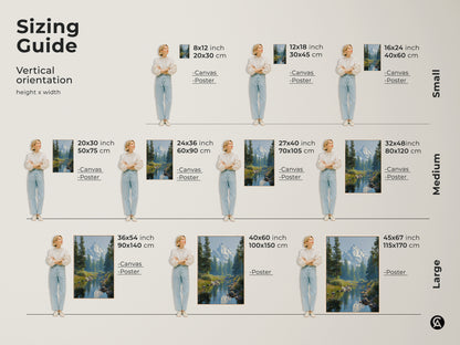 Sizing guide for vertical landscape art featuring mountain river scene. Available in small medium and large sizes on canvas or poster. Visualize the perfect fit for your space. From 8x12 to 45x67 inches there's a size for every room. Enhance your home with this beautiful nature print.