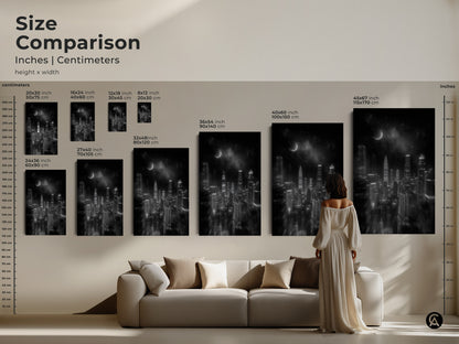 A size comparison of inches and centimeters is shown. The black and white cityscape art is shown with modern skyscrapers. Sizes range from small to large for canvas and poster options.