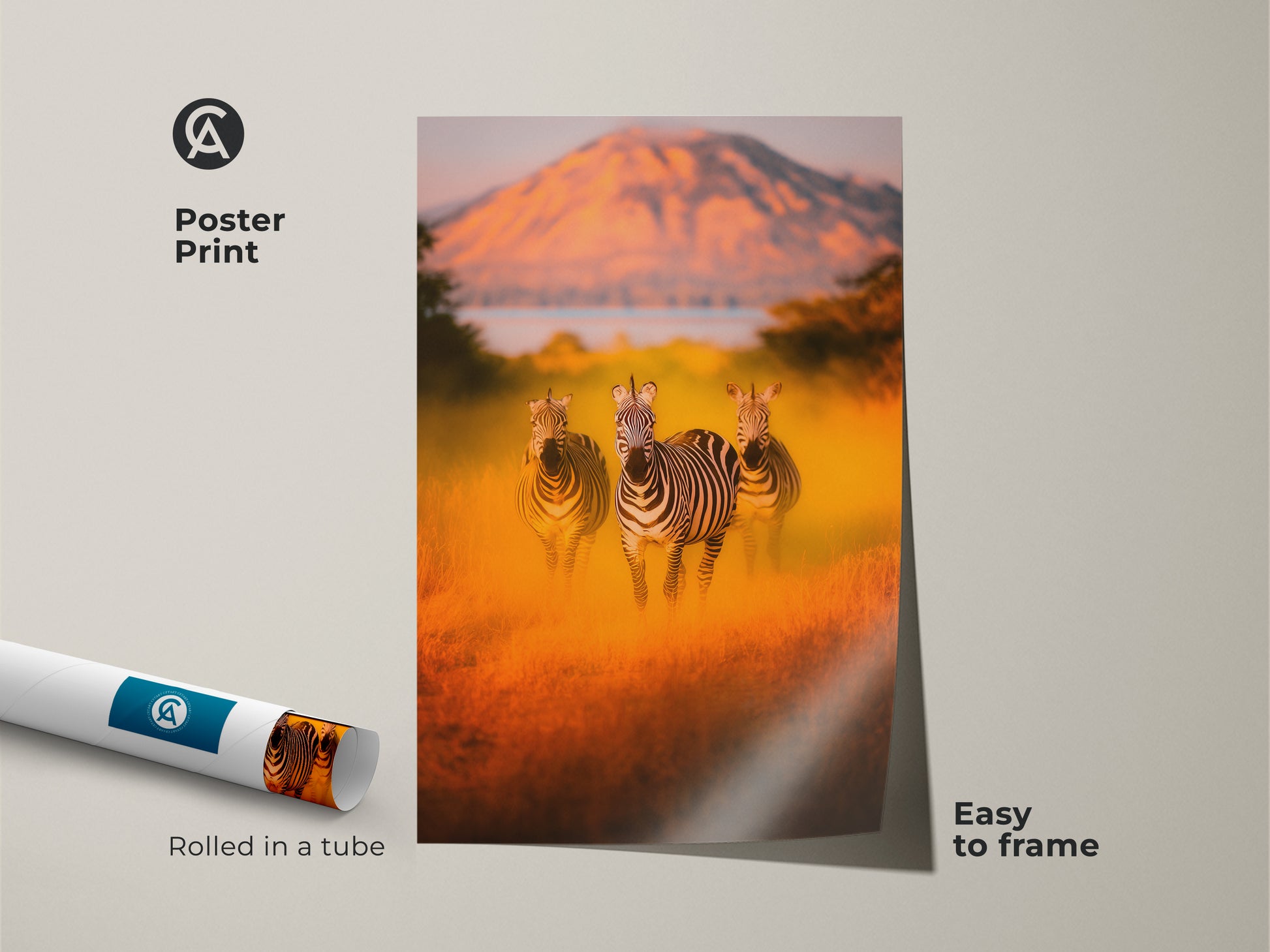 Museum-quality poster print of zebras in an African savanna landscape. Rolled in a tube for easy framing. Warm earth tones and dramatic lighting make this wildlife art a perfect gift. The fine art animal print enhances any bedroom or living room. Great for eclectic home decor.