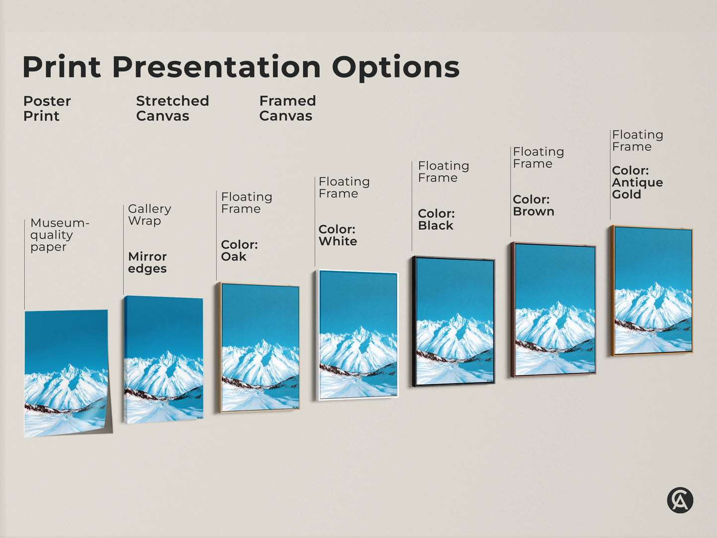 Print presentation options include poster print stretched canvas and framed canvas. The abstract snowy mountain artwork with deep blue sky can be displayed in various styles and frame colors.