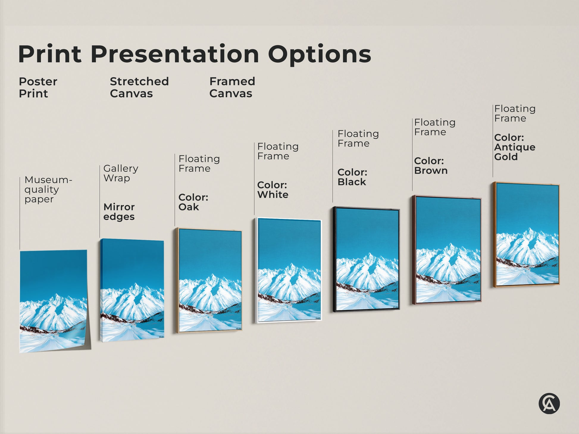 Print presentation options include poster print stretched canvas and framed canvas. The abstract snowy mountain artwork with deep blue sky can be displayed in various styles and frame colors.