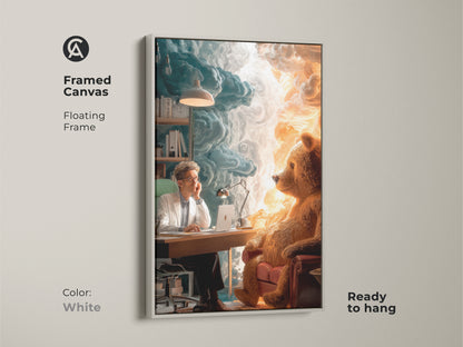 Framed canvas showing a surreal art scene: a bear and man in an office. The floating frame is white color. This eclectic piece adds to any room. Ready to hang. Consider it for unique office wall decor or a thoughtful therapy client present.
