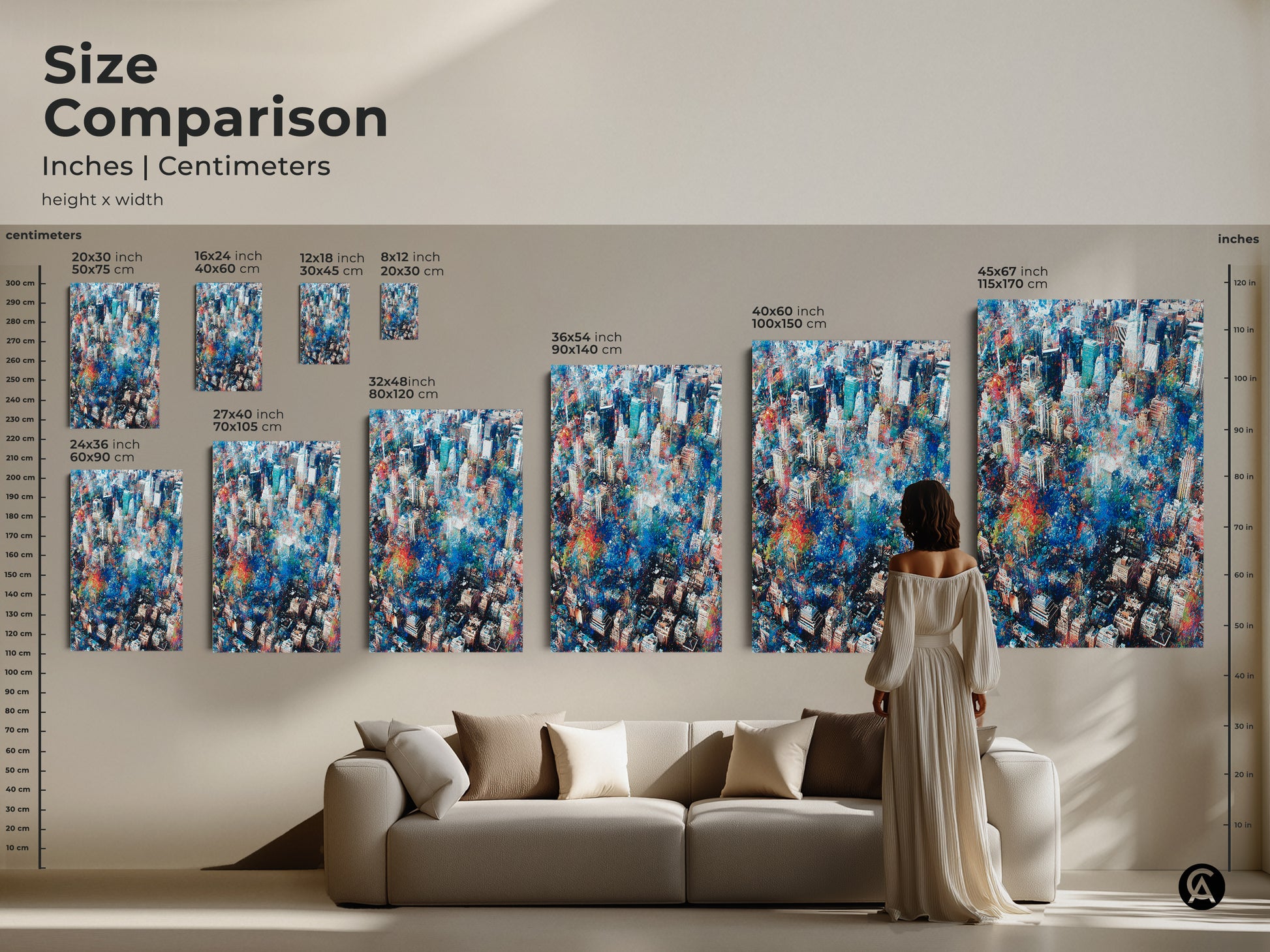 Size comparison of our aerial cityscape artwork. See how each size fits in a living room setting. Available in various dimensions. Find the perfect scale for your home. Choose from canvas or poster prints. Discover the ideal size for your space.