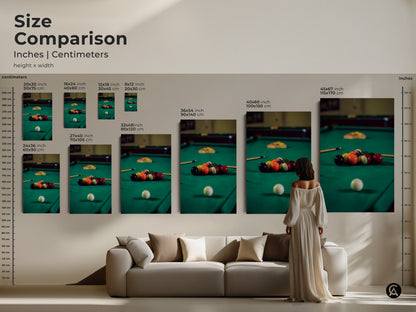 Size comparison of billiard balls canvas art in inches and centimeters. See how this emerald green art fits in various spaces. Ideal game room decor and a unique man cave gift. This sports photography canvas enhances any leisure room.