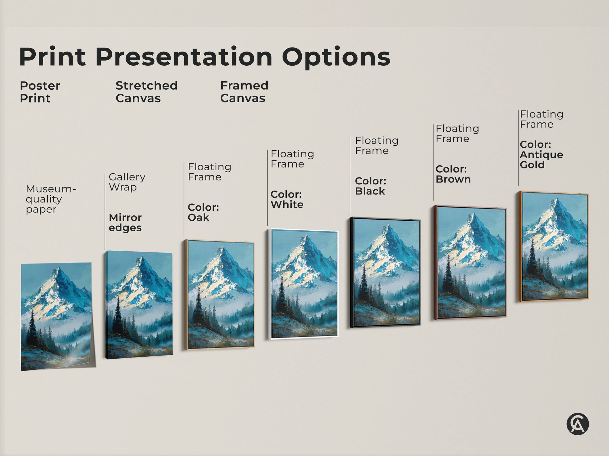 Explore print presentation options for mountain artwork. Choose from poster prints stretched canvas and framed canvas. Each format showcases a serene mountain landscape. Select the perfect style to enhance your home decor with our mountain art.