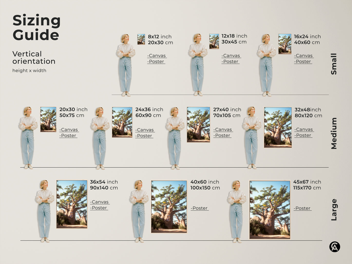 Sizing Guide for Vertical Baobab Tree Wall Art. Available in small medium and large sizes for canvas and poster prints. Find the ideal Desert Landscape Canvas Print size for your space. Perfect boho nature decor.