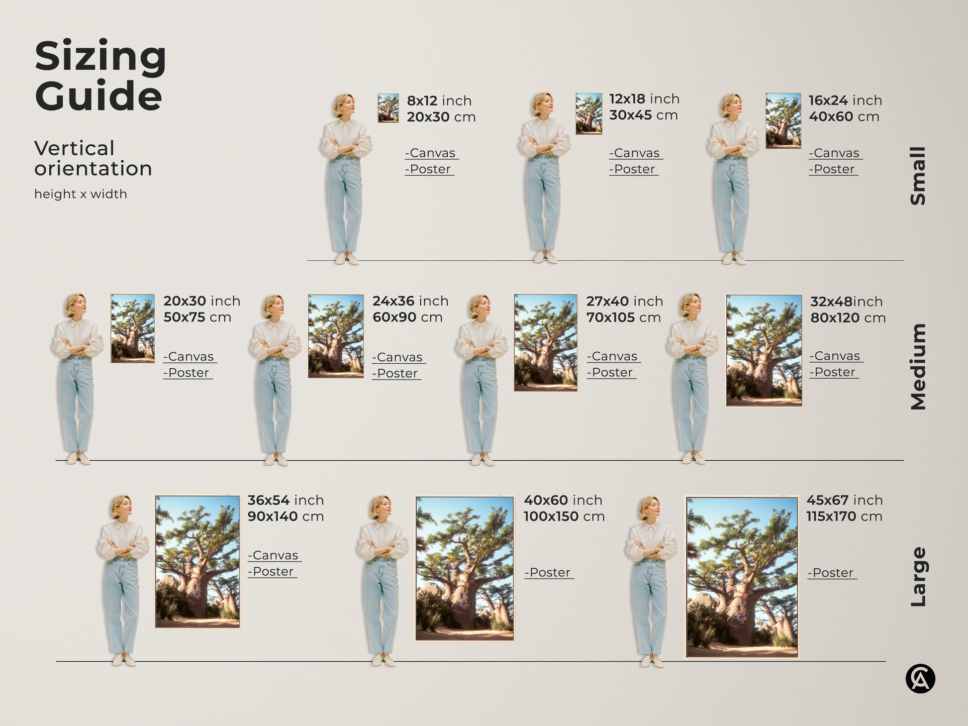 Sizing Guide for Vertical Baobab Tree Wall Art. Available in small medium and large sizes for canvas and poster prints. Find the ideal Desert Landscape Canvas Print size for your space. Perfect boho nature decor.