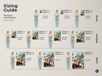 Sizing Guide for Vertical Baobab Tree Wall Art. Available in small medium and large sizes for canvas and poster prints. Find the ideal Desert Landscape Canvas Print size for your space. Perfect boho nature decor.