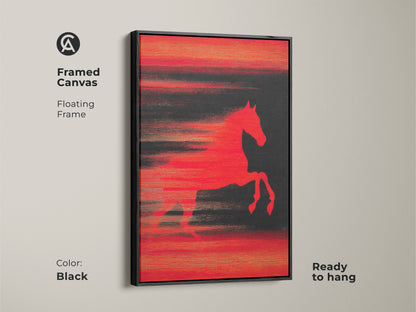 Framed Canvas of Abstract Horse Art in Black Frame. This modern animal artwork is ready to hang. A vibrant red horse leaps across a dark textured background. This contemporary piece adds a bold statement to any room. Perfect for lovers of equestrian wall decor.