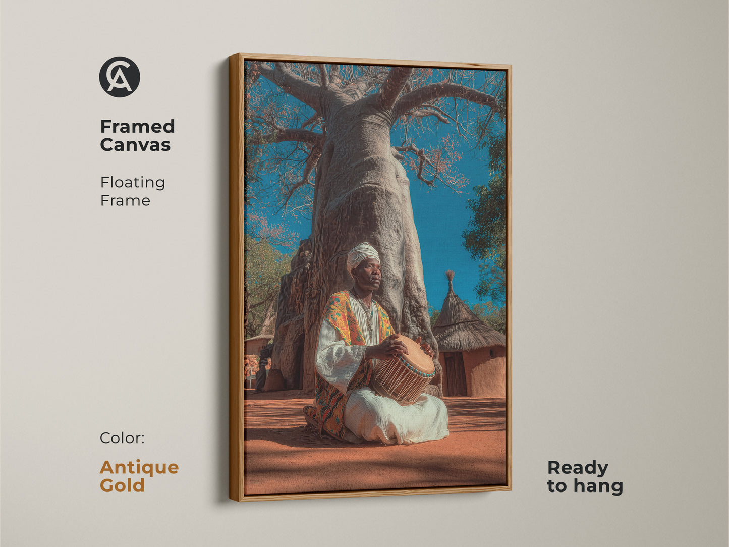 Antique gold framed canvas featuring an African musician. The floating frame presents a tribal Baobab tree print. This boho culture canvas art uses earth tones. The folk art has blue and orange colors. This musician artwork is ready to hang.