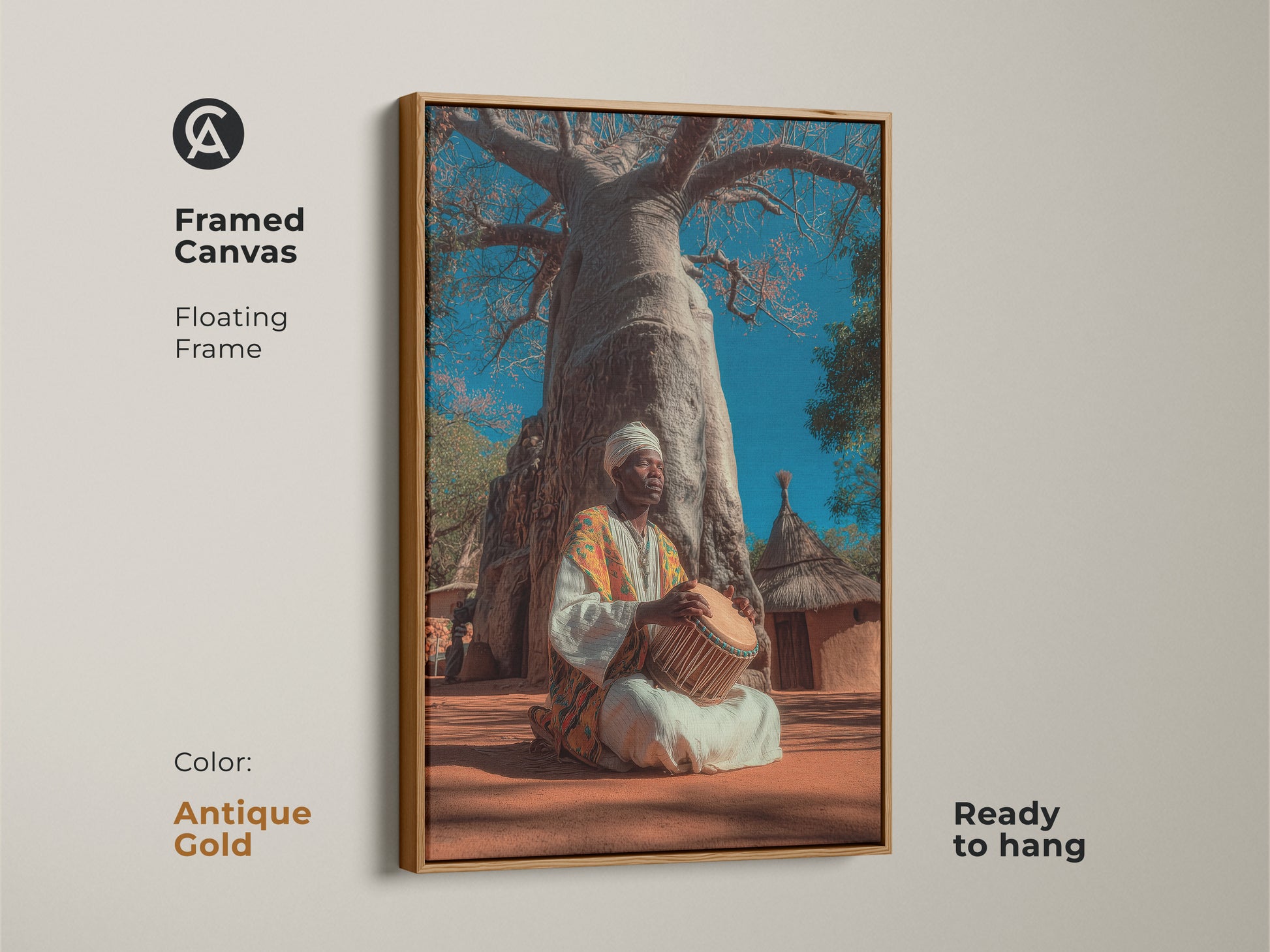 Antique gold framed canvas featuring an African musician. The floating frame presents a tribal Baobab tree print. This boho culture canvas art uses earth tones. The folk art has blue and orange colors. This musician artwork is ready to hang.
