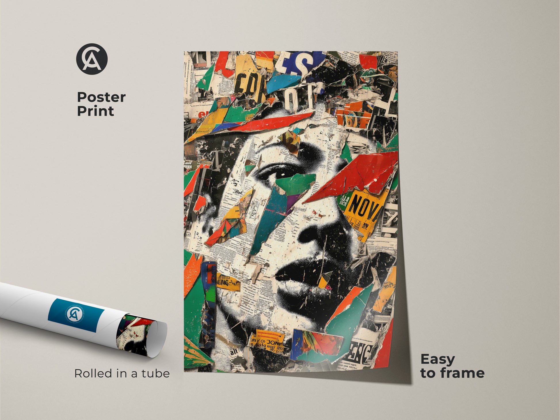 Poster print of a mixed media canvas art. This urban collage face art is rolled in a tube easy to frame. The eclectic home decor print features red blue and green wall art. Great for studio or office wall decor.