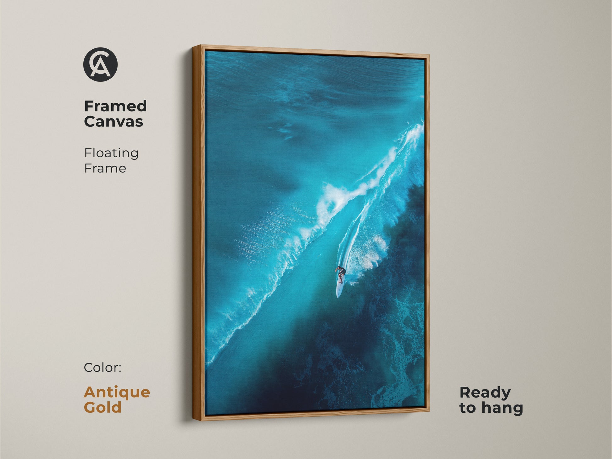 Framed canvas artwork of a surfer riding a large turquoise wave. The floating frame is antique gold. The ready-to-hang wall art is elegant. Enhance your space with this sophisticated ocean-inspired art.