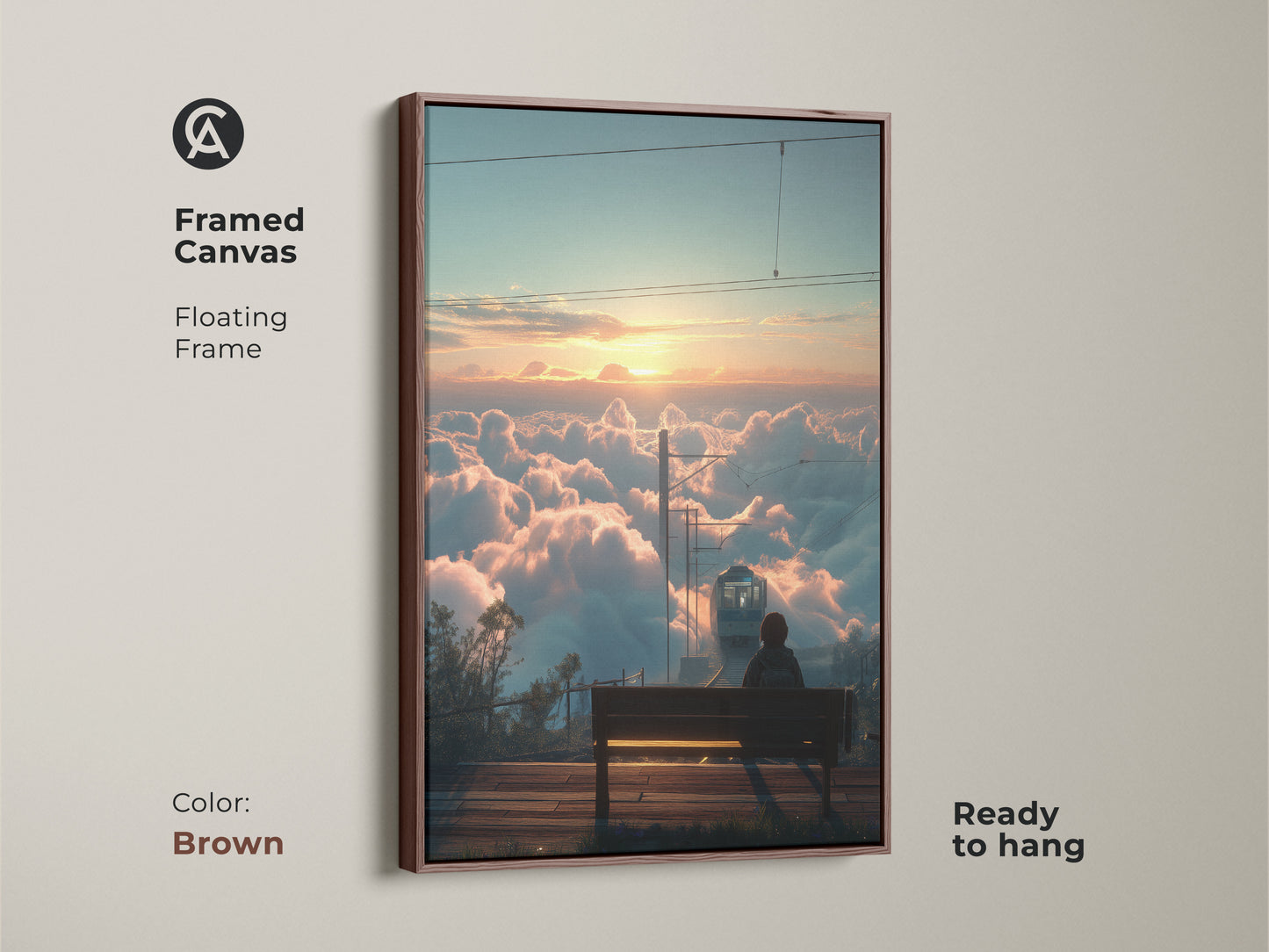 Framed canvas with a floating brown frame featuring a train above the clouds at sunrise. This cinematic landscape wall art is ready to hang. The dreamy travel artwork brings a touch of wonder to your home. Perfect for contemporary interiors and as a unique wall decor gift. A serene nature sunrise print.
