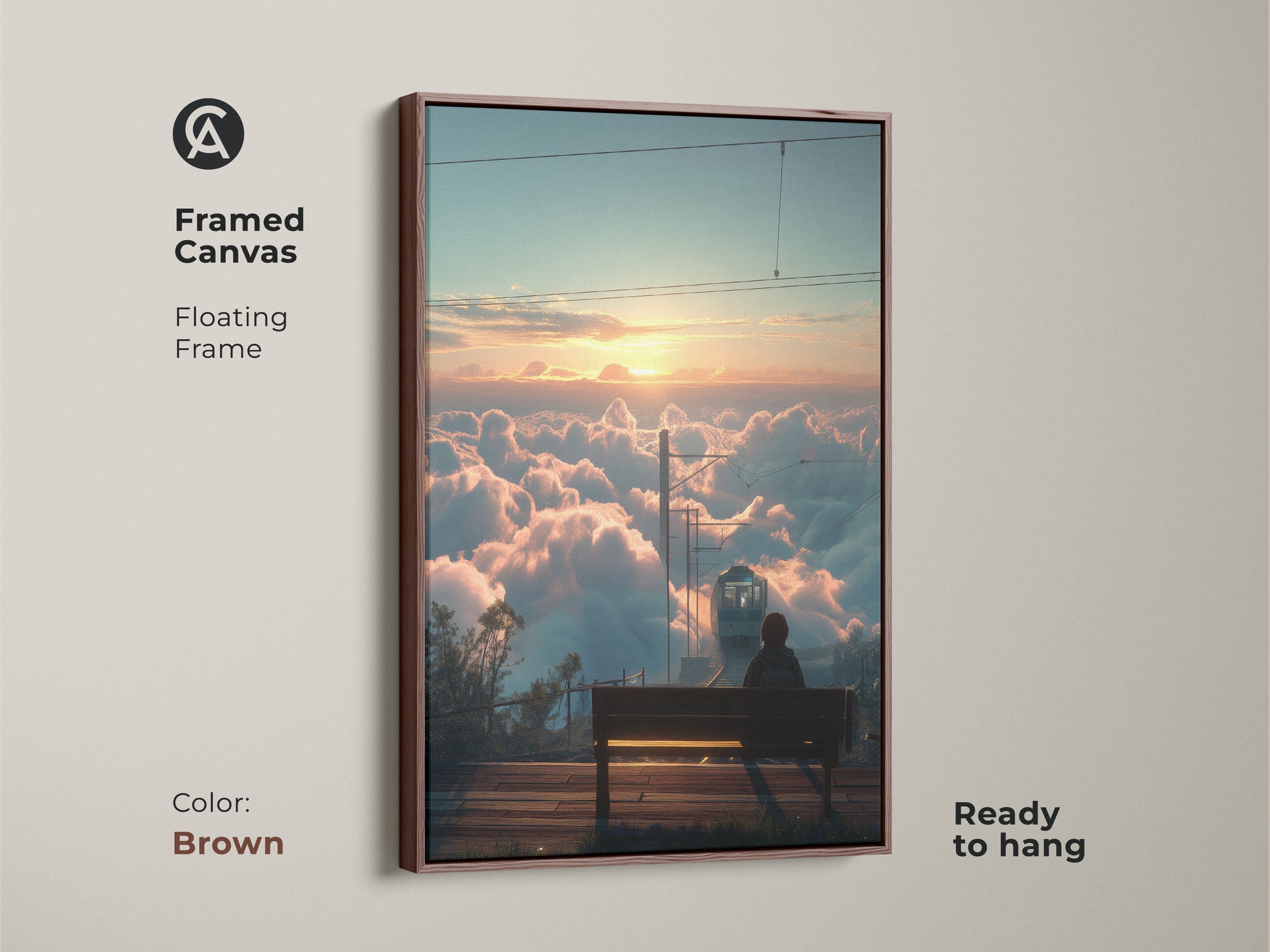Framed canvas with a floating brown frame featuring a train above the clouds at sunrise. This cinematic landscape wall art is ready to hang. The dreamy travel artwork brings a touch of wonder to your home. Perfect for contemporary interiors and as a unique wall decor gift. A serene nature sunrise print.