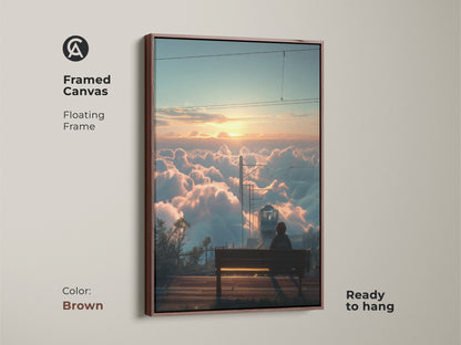 Framed canvas with a floating brown frame featuring a train above the clouds at sunrise. This cinematic landscape wall art is ready to hang. The dreamy travel artwork brings a touch of wonder to your home. Perfect for contemporary interiors and as a unique wall decor gift. A serene nature sunrise print.
