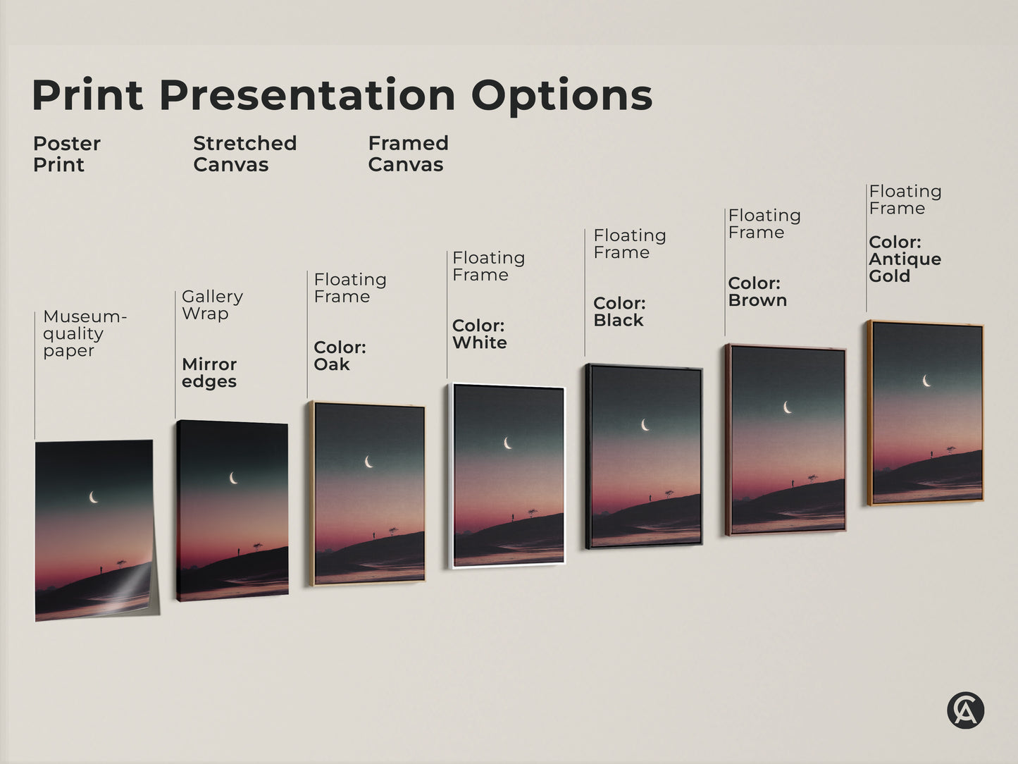 Explore print presentation options for celestial art. Choose from poster print stretched canvas and framed canvas. Each option features a dark teal and pink landscape. Find the perfect style for your decor.