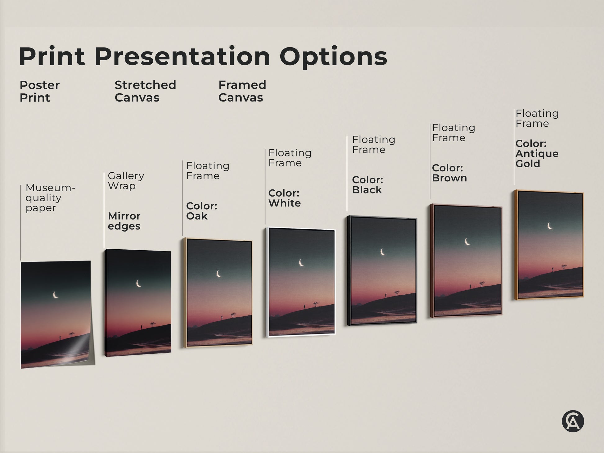 Explore print presentation options for celestial art. Choose from poster print stretched canvas and framed canvas. Each option features a dark teal and pink landscape. Find the perfect style for your decor.