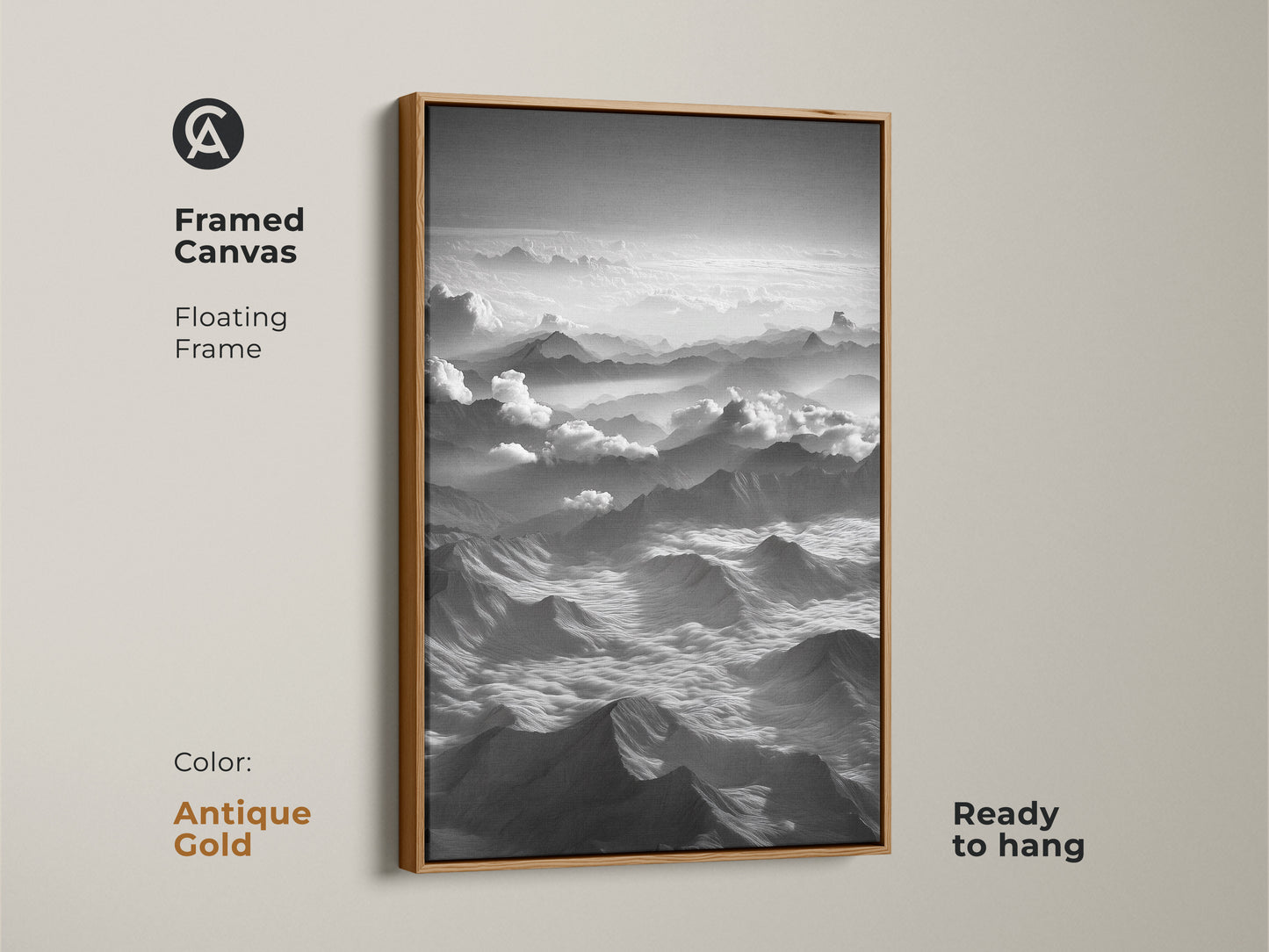 Framed canvas featuring a monochrome mountain print. It's a minimalist cloudscape wall decor with an antique gold floating frame. The contemporary nature art is ready to hang. It is a scenic aerial view.