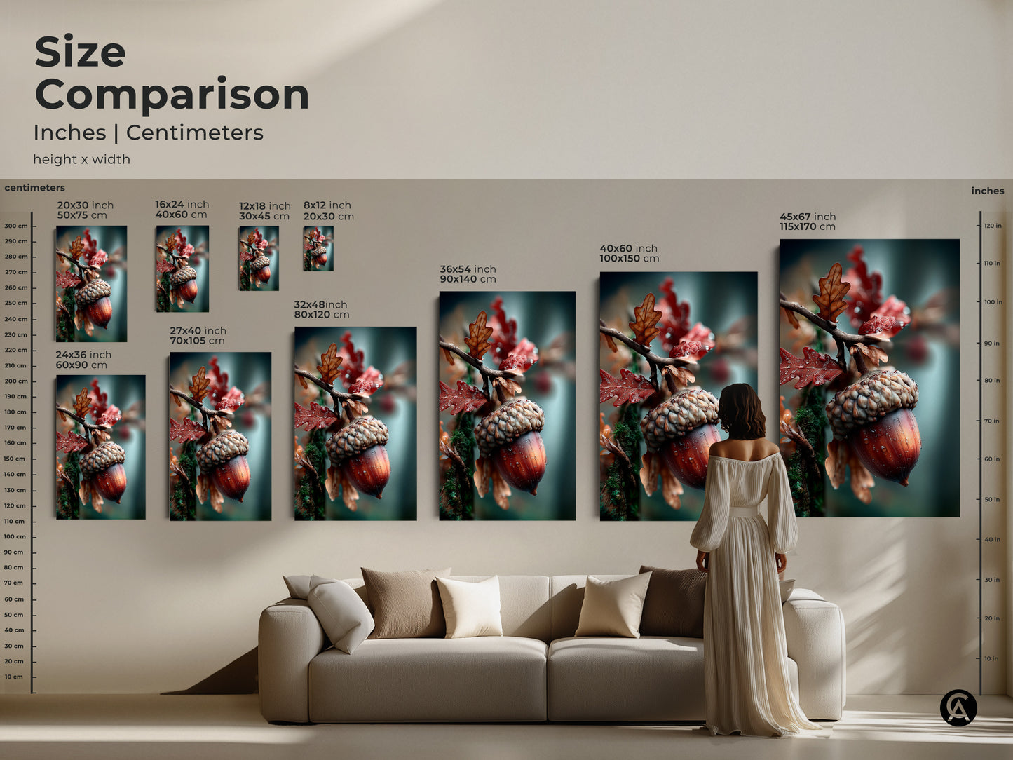 Size comparison of acorn and leaf art prints. See the art in inches and centimeters. Visualize how the art will look in your space. Available in various sizes to suit any room. Perfect for home decor.