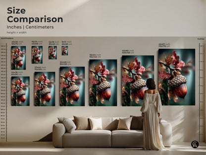 Size comparison of acorn and leaf art prints. See the art in inches and centimeters. Visualize how the art will look in your space. Available in various sizes to suit any room. Perfect for home decor.