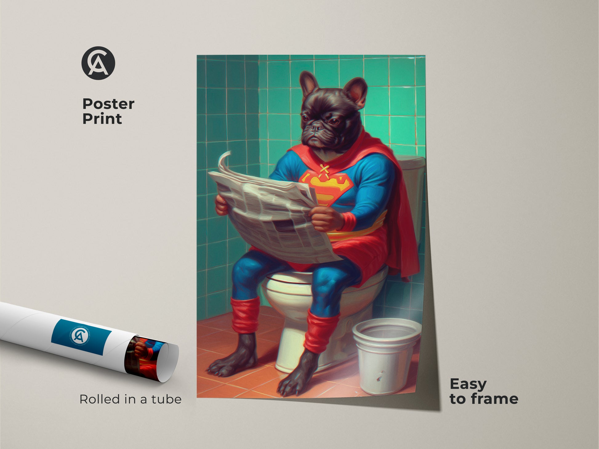 This image displays the French Bulldog superhero art as a poster print. Easy to frame this cartoon dog artwork adds a novelty touch to your bathroom art collection. Rolled in a tube it's a perfect dog lover gift. Enjoy this comic book dog art in your eclectic home decor