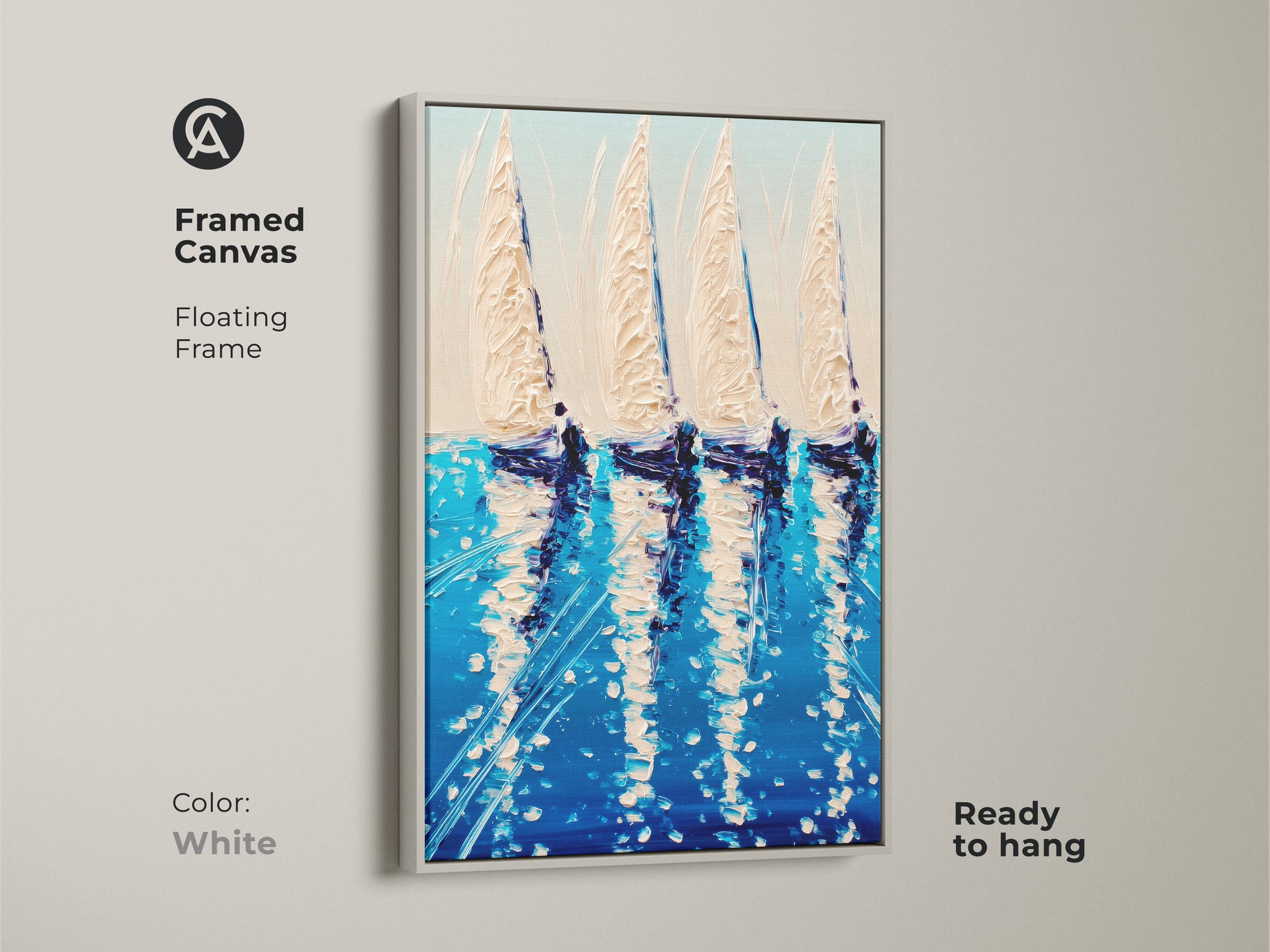 A white framed canvas displays deep blue sailboat artwork. This floating frame is ready to hang. The artwork brings the dynamic energy of the ocean to life. Coastal ocean wall art decor. A perfect housewarming gift adding maritime charm to any home.