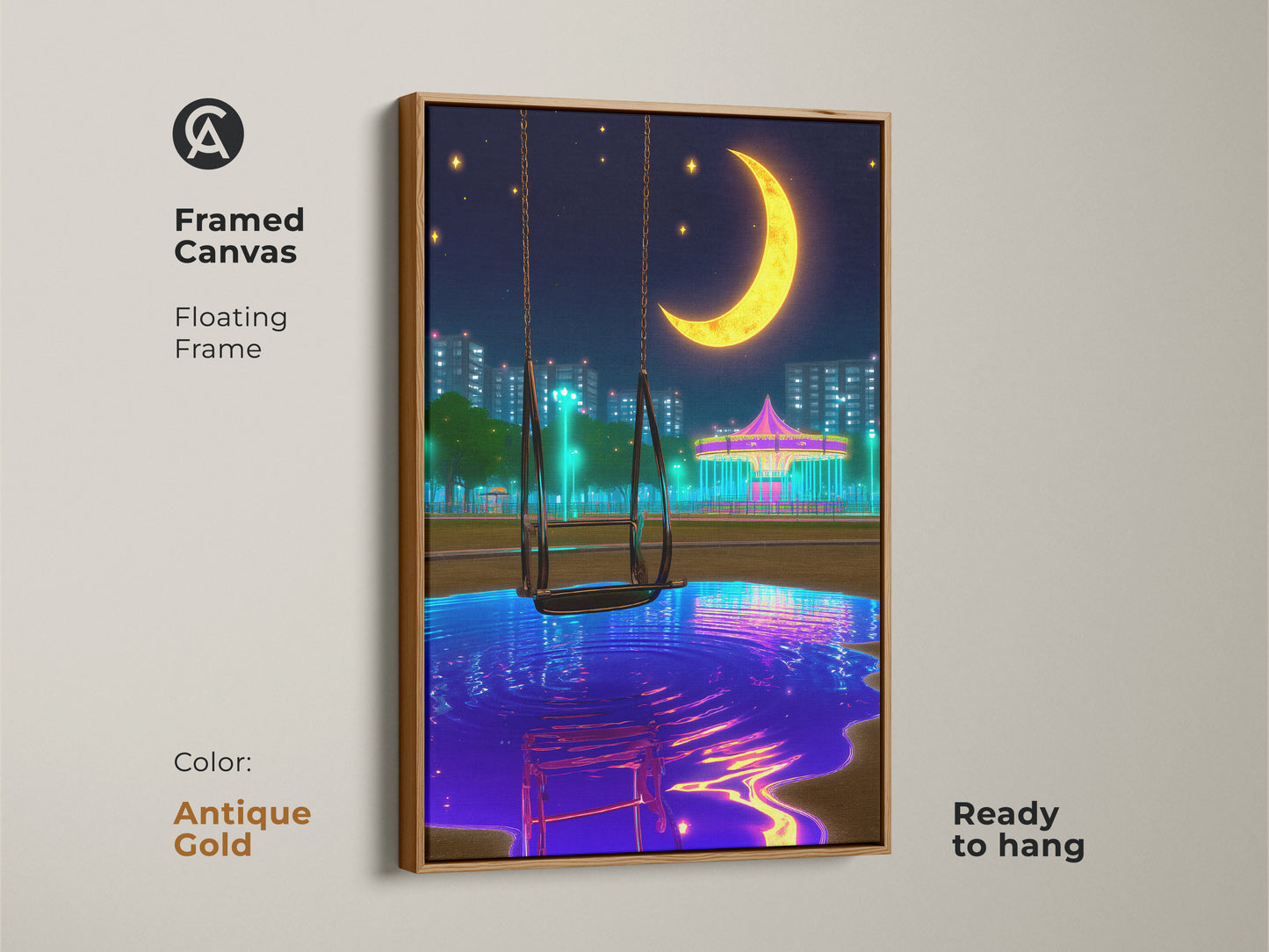 Framed canvas art with an antique gold floating frame showcasing a surreal nightscape. This ready-to-hang artwork displays a crescent moon carousel in a vaporwave style. Ideal for eclectic bedroom decor the blue yellow and purple hues add a dreamy modern touch perfect for anime fans.
