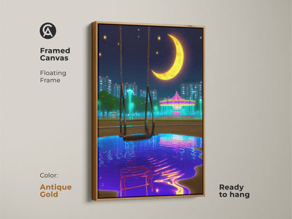 Framed canvas art with an antique gold floating frame showcasing a surreal nightscape. This ready-to-hang artwork displays a crescent moon carousel in a vaporwave style. Ideal for eclectic bedroom decor the blue yellow and purple hues add a dreamy modern touch perfect for anime fans.