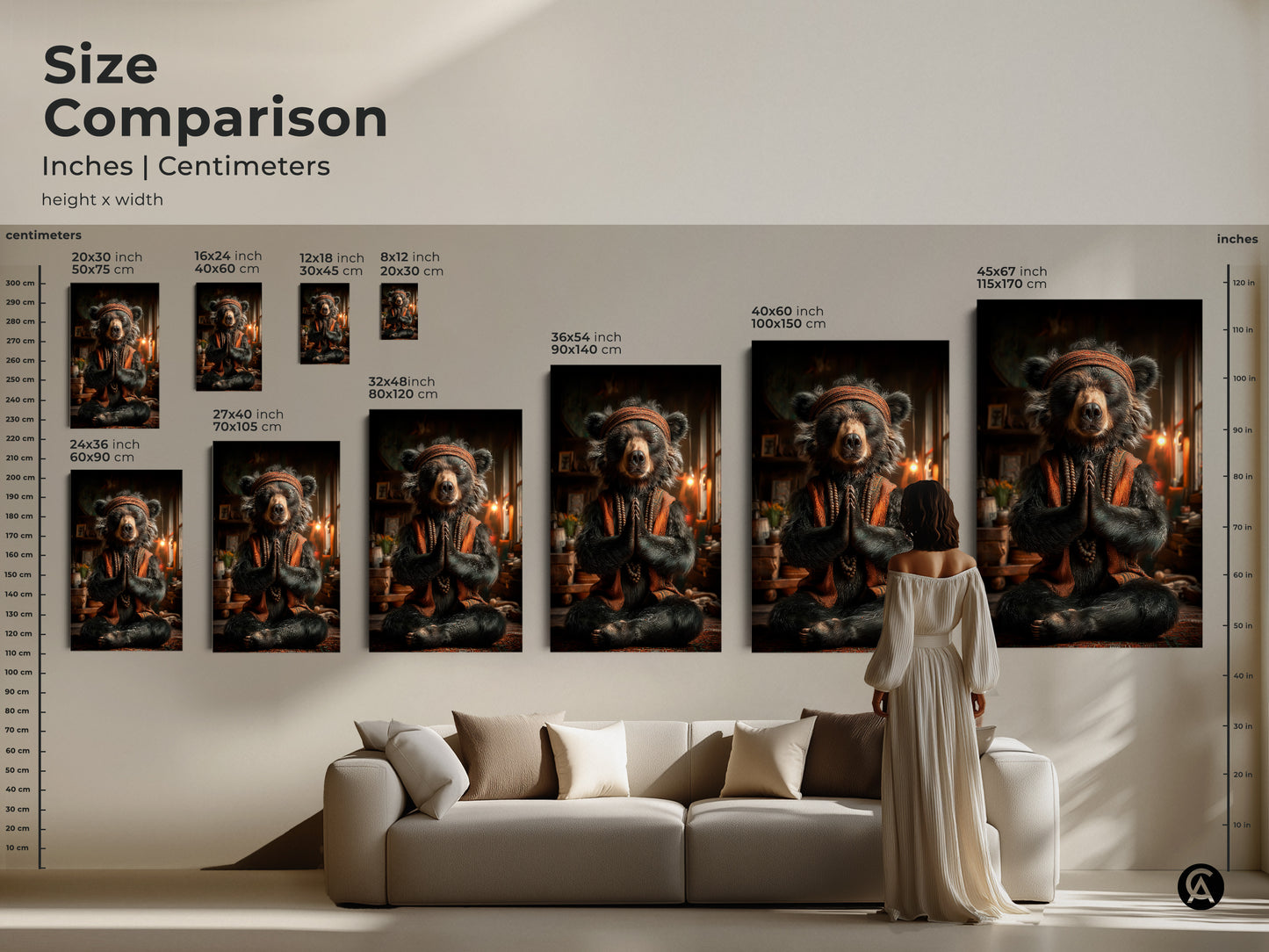 Size Comparison chart featuring meditating bear canvas. Available in various dimensions. Find the perfect fit for your space. Ideal for zen room decor and mindful home art. Unique animal print art.