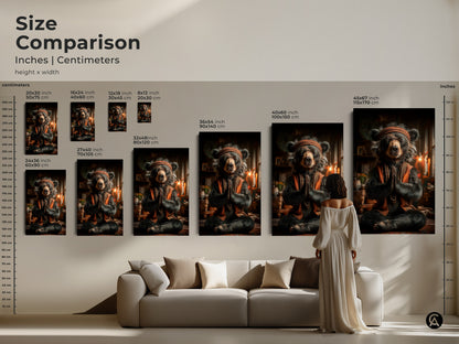 Size Comparison chart featuring meditating bear canvas. Available in various dimensions. Find the perfect fit for your space. Ideal for zen room decor and mindful home art. Unique animal print art.