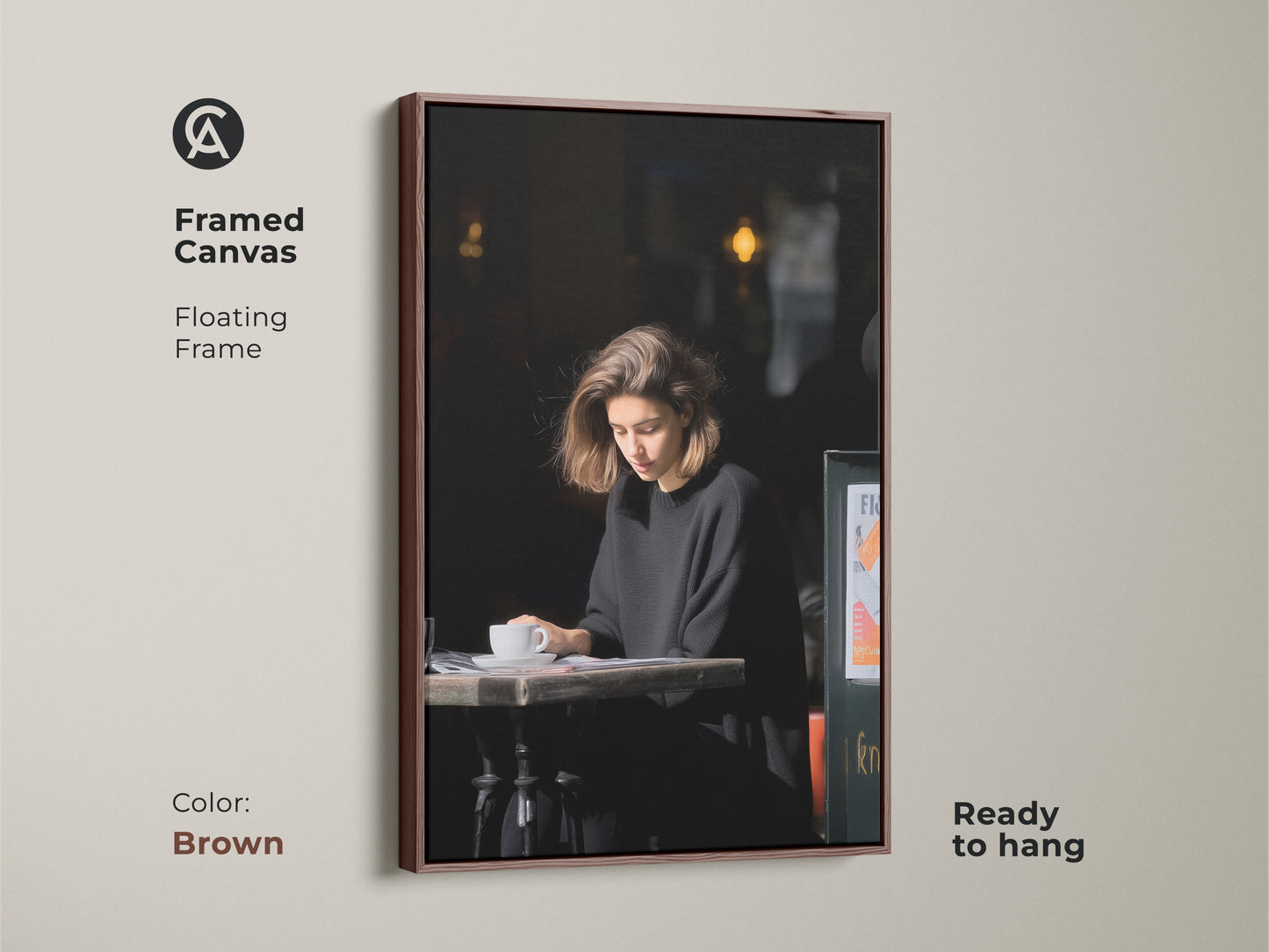 Framed canvas art with a brown floating frame. It shows a woman reading at a cafe. Adds warmth to the black and white lifestyle art. A perfect gift for coffee lovers.